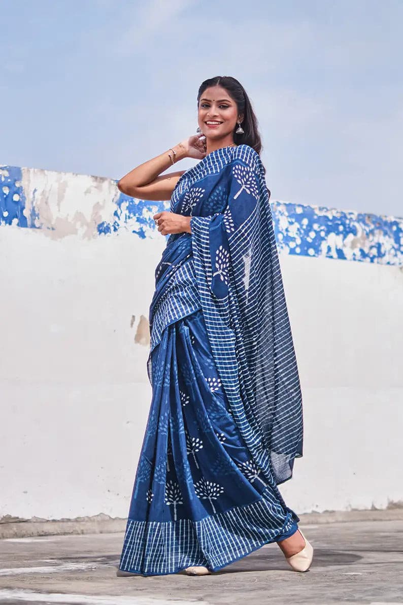 Indigo Spells - Dabu Hand Block Print Mulmul Cotton Bagru Saree - Moora