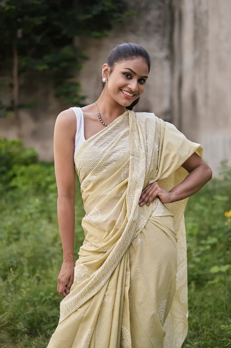 Afternoon in Calicut - Cream Yellow Hand Block Print Mulmul Cotton Bagru Saree - Moora