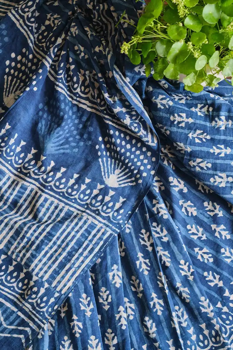 Mystic Mysore - Indigo Dabu Hand Block Print Mulmul Cotton Bagru Saree - Moora