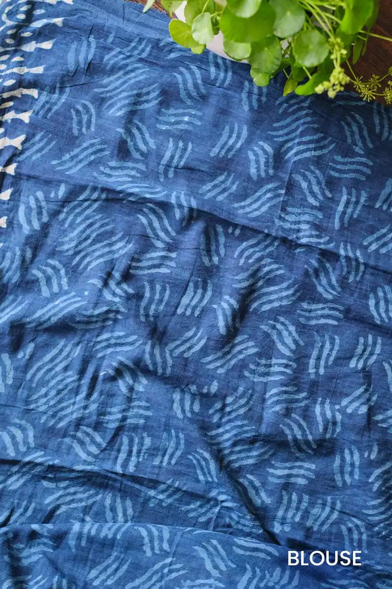 Mystic Mysore - Indigo Dabu Hand Block Print Mulmul Cotton Bagru Saree - Moora