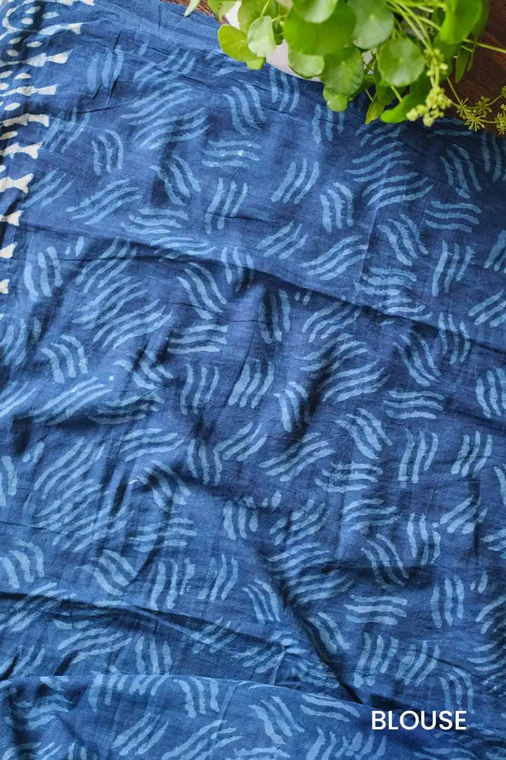 Mystic Mysore - Indigo Dabu Hand Block Print Mulmul Cotton Bagru Saree - Moora