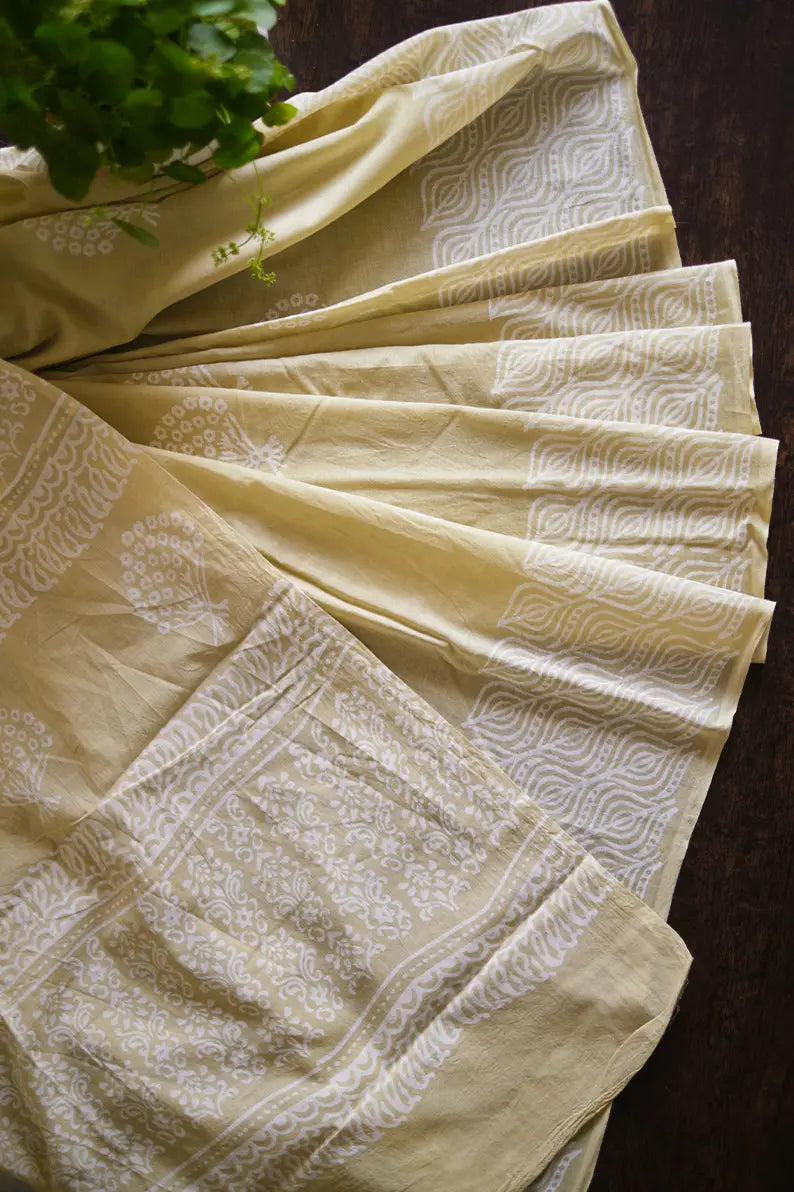 Afternoon in Calicut - Cream Yellow Hand Block Print Mulmul Cotton Bagru Saree - Moora