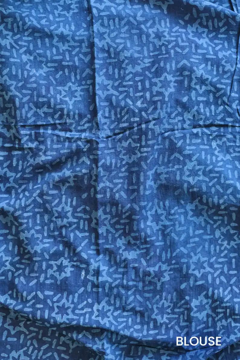 Indigo Spells - Dabu Hand Block Print Mulmul Cotton Bagru Saree - Moora