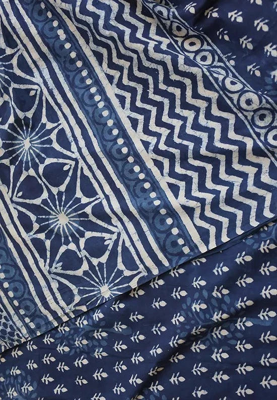 Bombay Indigo - Dabu Hand Block Print Mulmul Cotton Bagru Saree