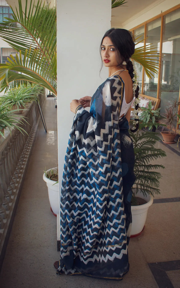 Sunaina - Indigo Dabu Hand Block Print Chanderi Silk Saree