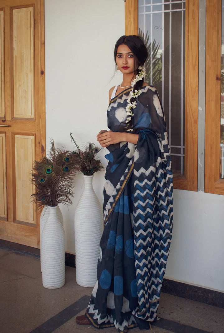 Sunaina - Indigo Dabu Hand Block Print Chanderi Silk Saree