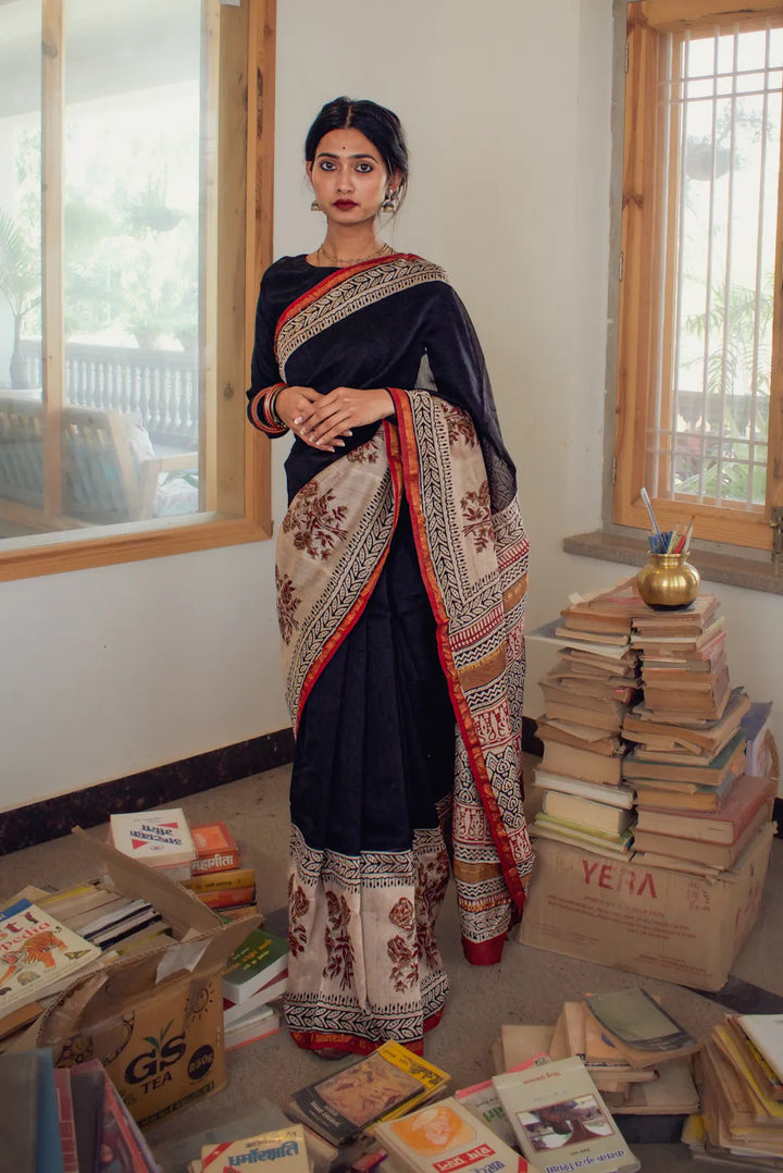 Mumtaz - Black Hand Block Print Chanderi Silk Saree