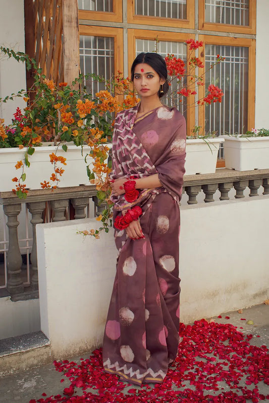 Charu - Rose Taupe Dabu Hand Block Print Chanderi Silk Saree