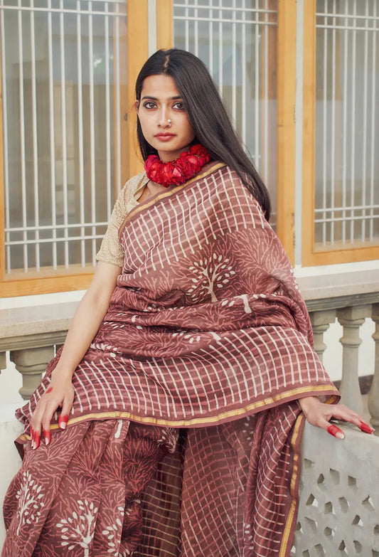 Revathy - Rose Taupe Hand Block Print Chanderi Silk Saree