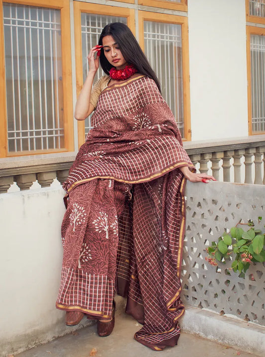 Revathy - Rose Taupe Hand Block Print Chanderi Silk Saree