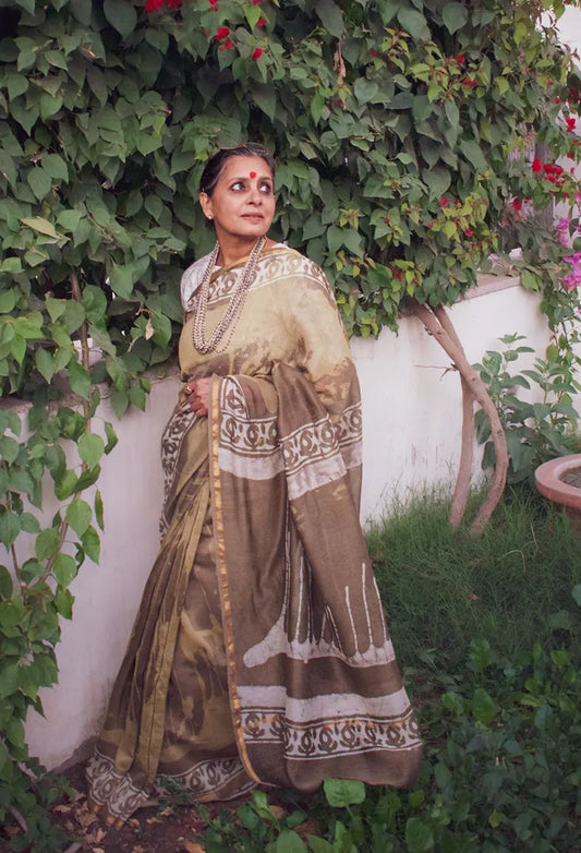 Shailja - Henna Hand Block Print Chanderi Silk Saree