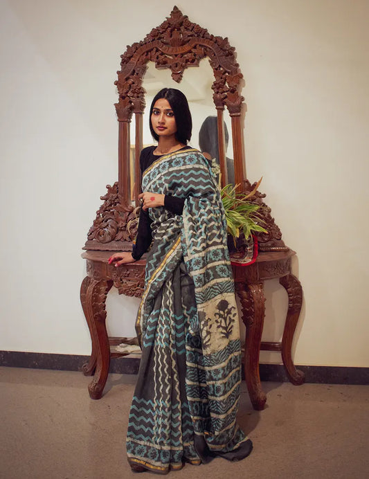 Urmika - Aqua & Grey Hand Block Print Chanderi Silk Saree