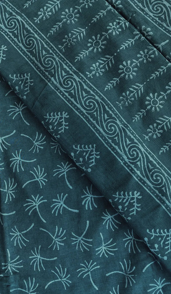 Dandelions in the Sky - Green Hand Block Print Mulmul Cotton Bagru Saree