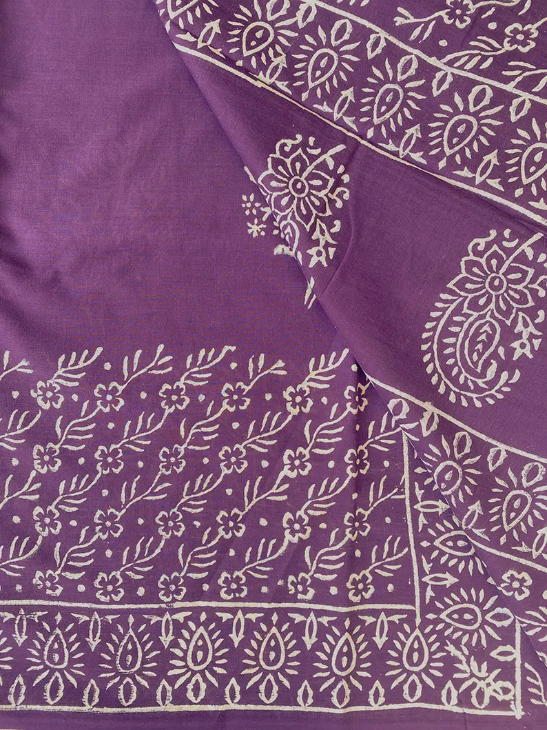 Enchanted Grape - Hand Block Print Mulmul Cotton Bagru Saree