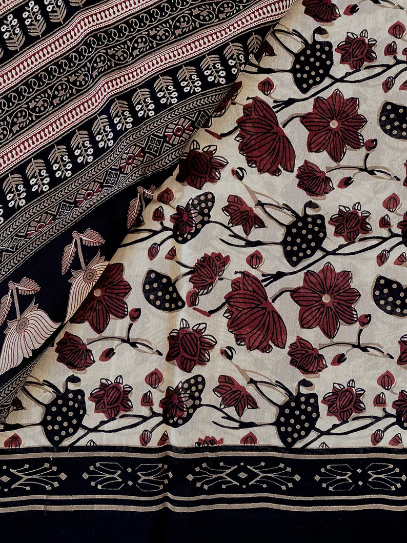 Floral Fantasies : Ajrakh Printed Chanderi Silk Saree