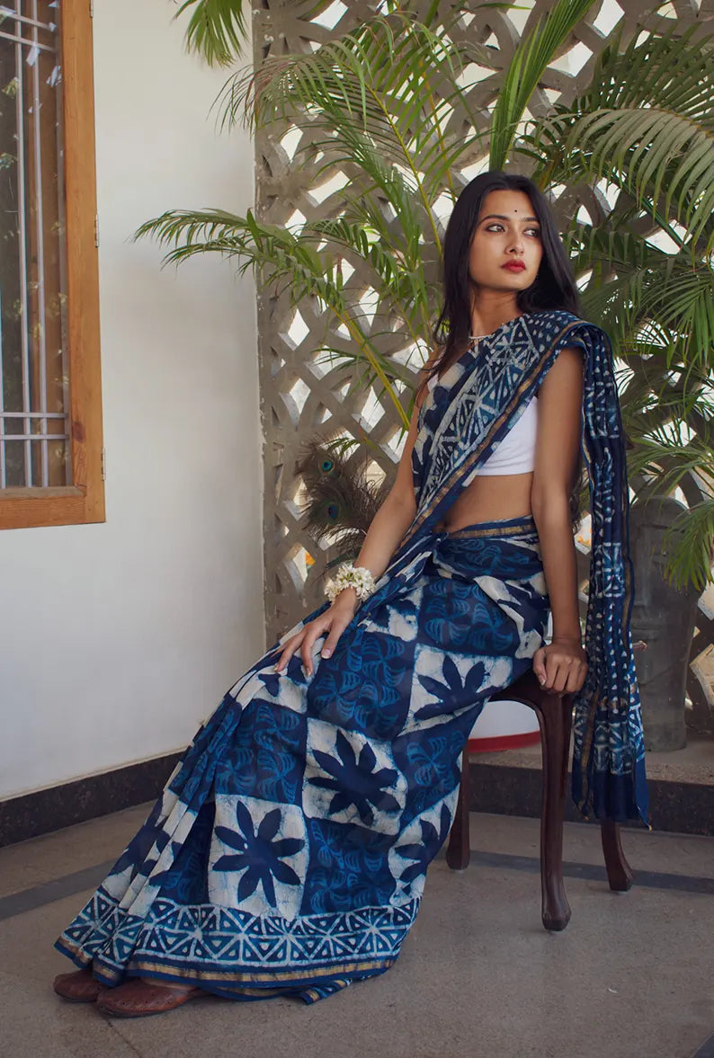 Latika - Indigo Dabu Hand Block Print Chanderi Silk Saree