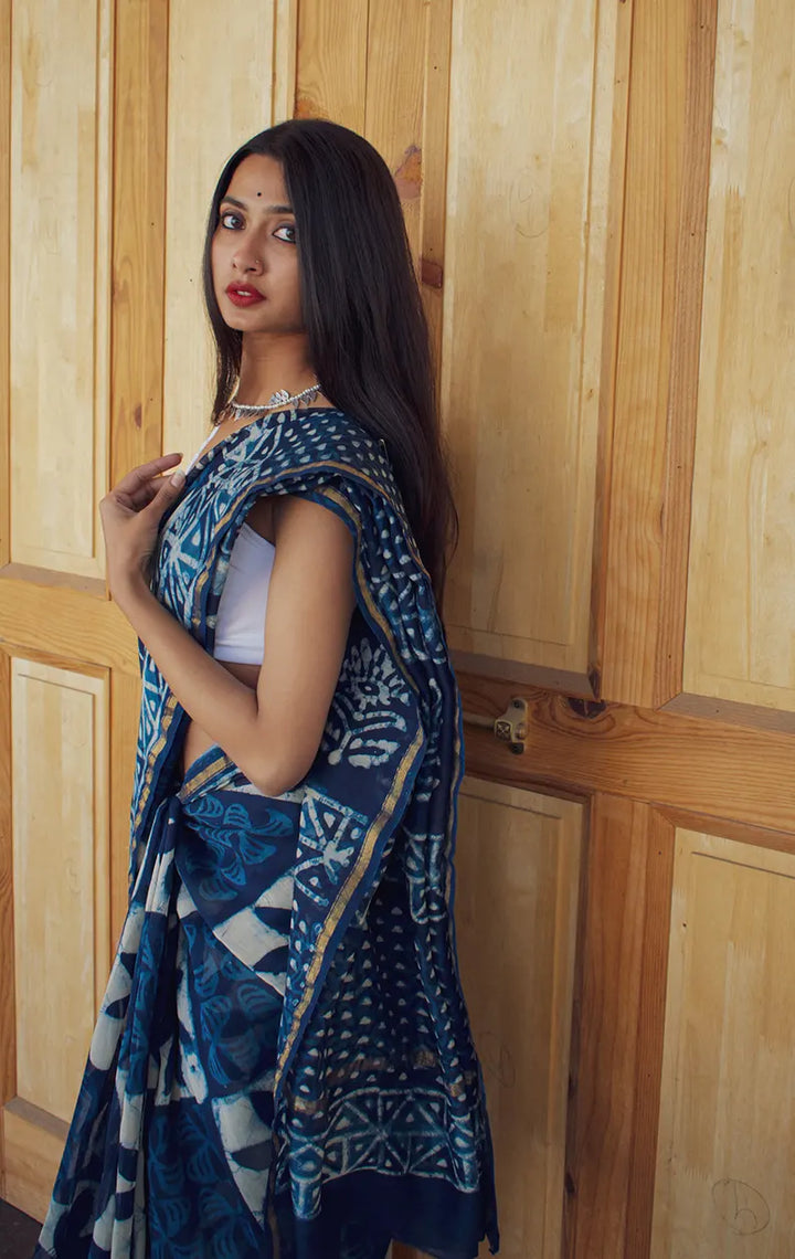 Latika - Indigo Dabu Hand Block Print Chanderi Silk Saree