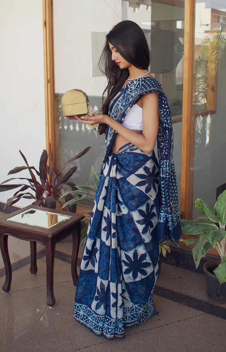 Latika - Indigo Dabu Hand Block Print Chanderi Silk Saree