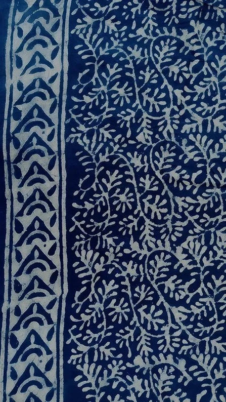 Indigo Bloom - Dabu Hand Block Print Mulmul Cotton Bagru Saree