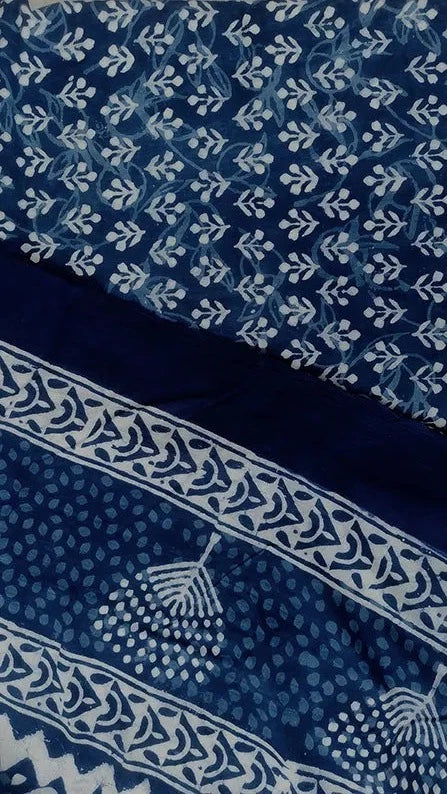 Indigo Bloom - Dabu Hand Block Print Mulmul Cotton Bagru Saree