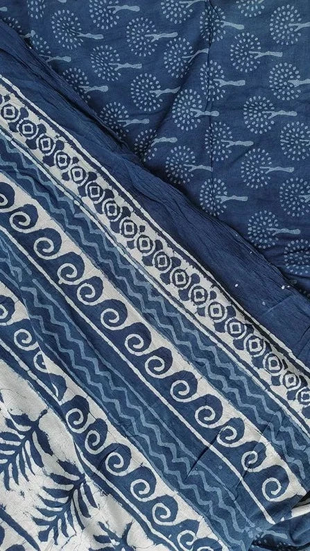 Indigo Bouquet - Dabu Hand Block Print Mulmul Cotton Bagru Saree