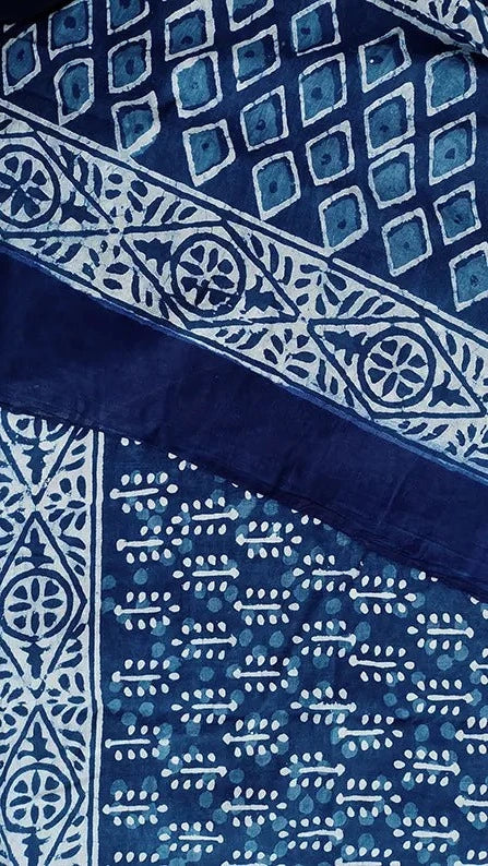 Indigo Dazzle - Dabu Hand Block Print Mulmul Cotton Bagru Saree