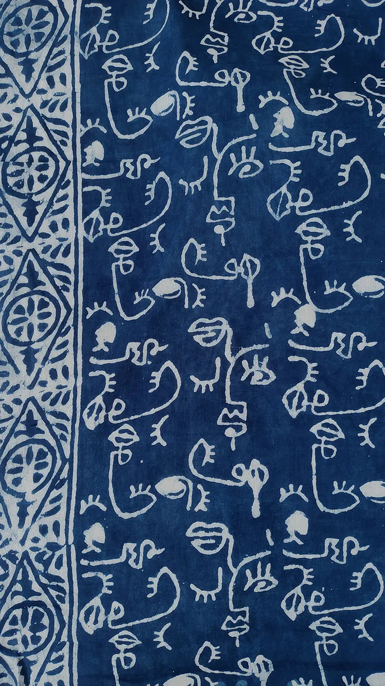 Indigo Dazzle - Dabu Hand Block Print Mulmul Cotton Bagru Saree