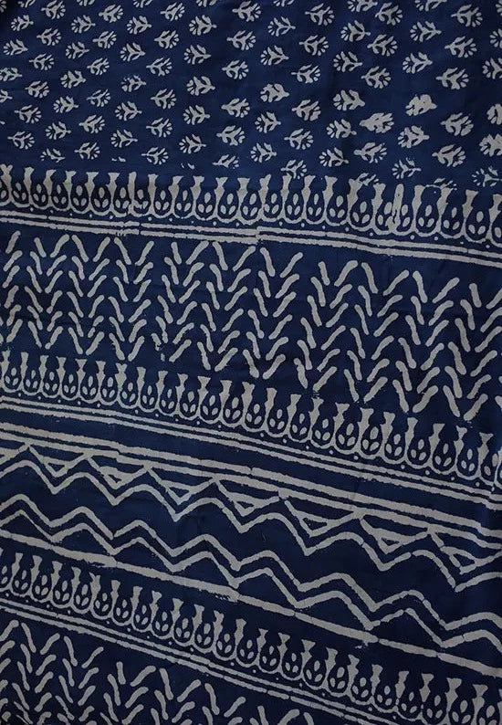 Indigo Florals - Dabu Hand Block Print Mulmul Cotton Bagru Saree