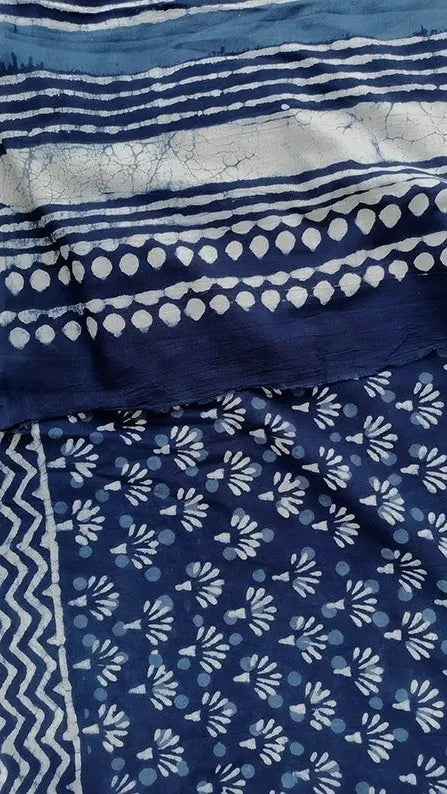 Indigo Muse - Dabu Hand Block Print Mulmul Cotton Bagru Saree