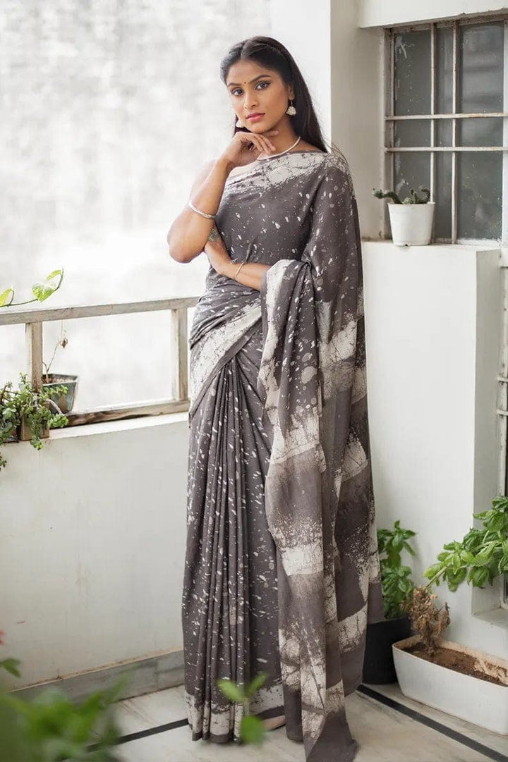 Pondicherry - Ash Brown Dabu Print Mulmul Cotton Saree