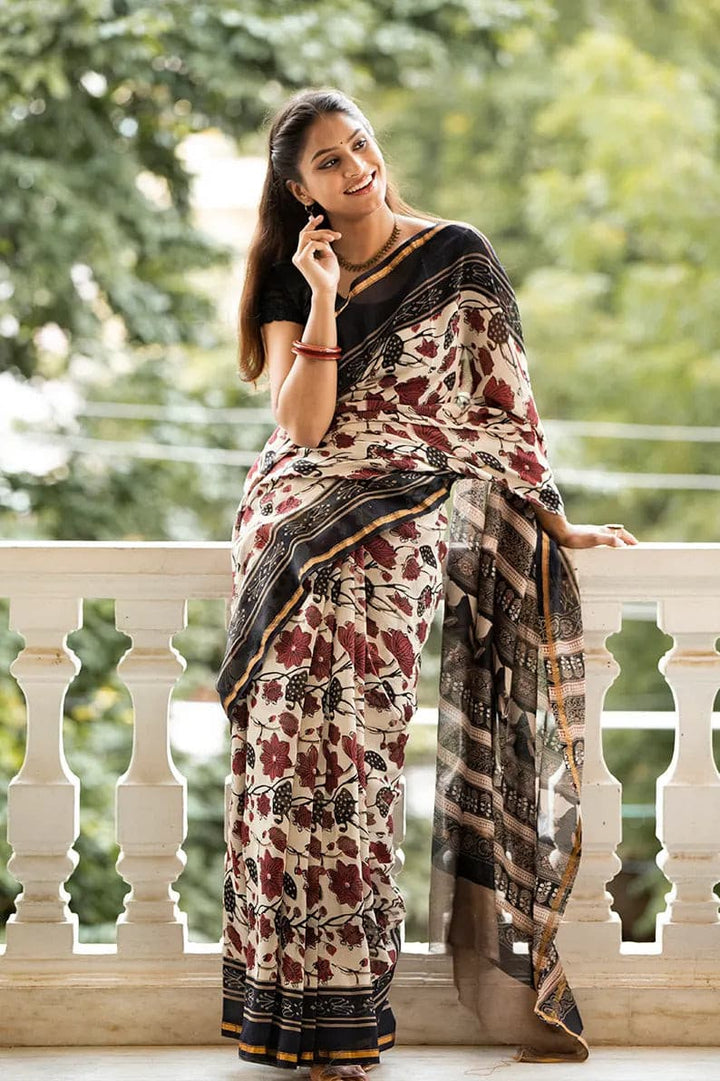 Floral Fantasies : Ajrakh Printed Chanderi Silk Saree - Moora