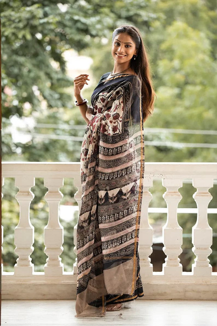 Floral Fantasies : Ajrakh Printed Chanderi Silk Saree - Moora