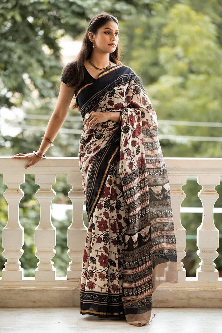 Floral Fantasies : Ajrakh Printed Chanderi Silk Saree - Moora