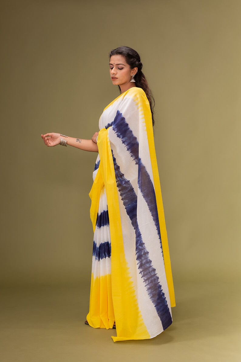 Moora Saree | White Blue and Yellow | Tie-Dye Natural Colors| Mulmul Cotton - Moora