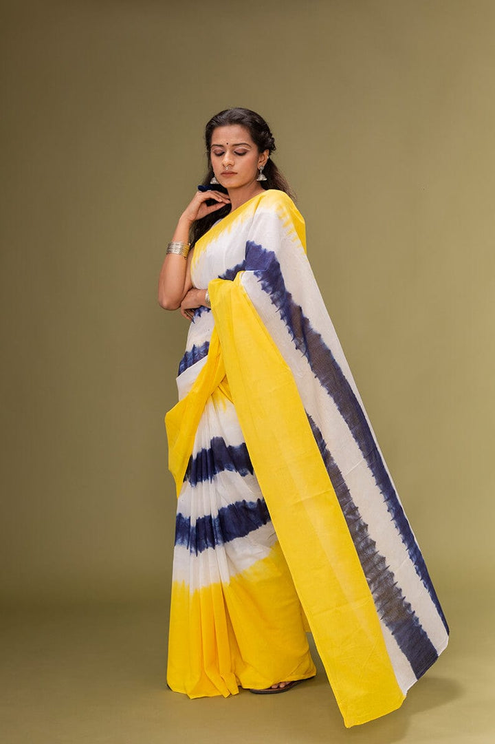 Moora Saree | White Blue and Yellow | Tie-Dye Natural Colors| Mulmul Cotton - Moora