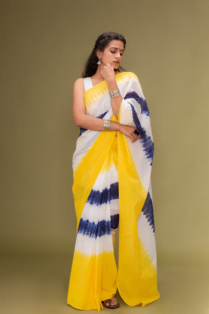 Moora Saree | White Blue and Yellow | Tie-Dye Natural Colors| Mulmul Cotton - Moora