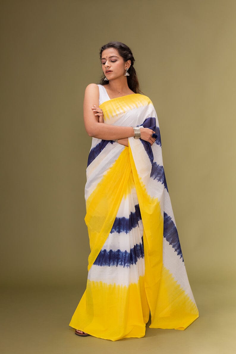 Moora Saree | White Blue and Yellow | Tie-Dye Natural Colors| Mulmul Cotton - Moora