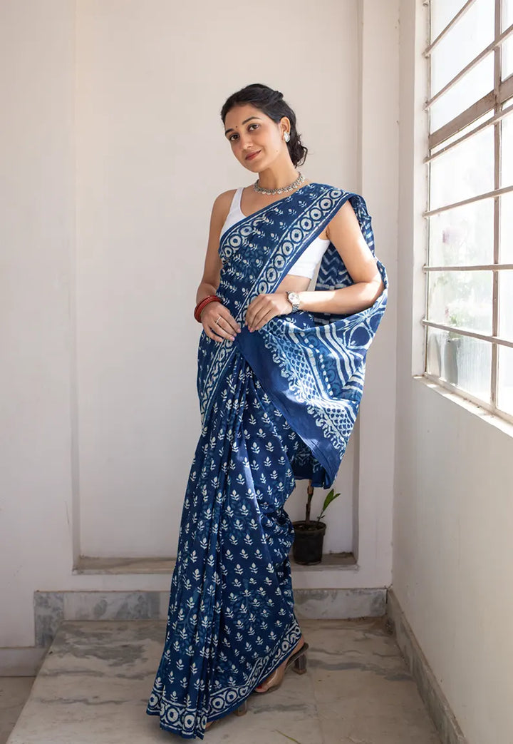 Bombay Indigo - Dabu Hand Block Print Mulmul Cotton Bagru Saree