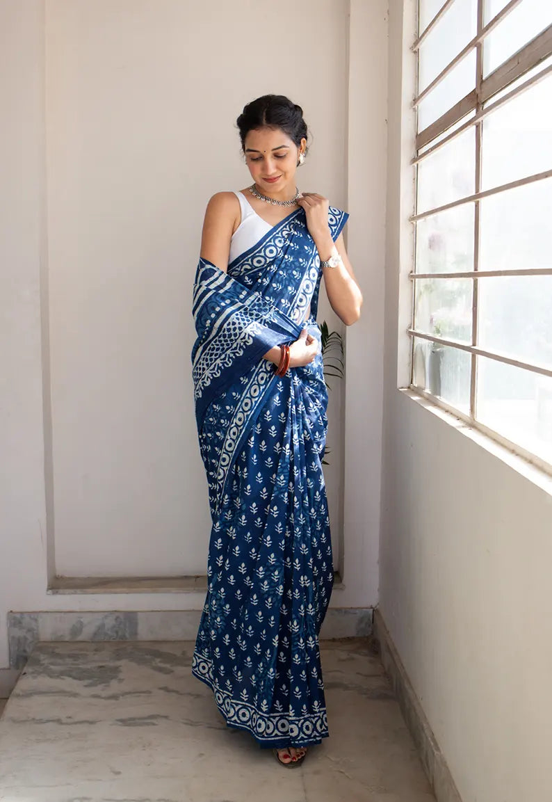 Bombay Indigo  - Dabu Hand Block Print Mulmul Cotton Pre-stitched Ready to Wear Saree with Pocket