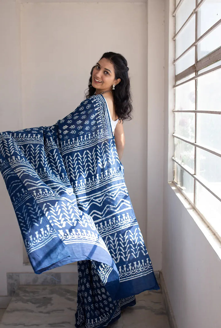 Indigo Florals - Dabu Hand Block Print Mulmul Cotton Bagru Saree