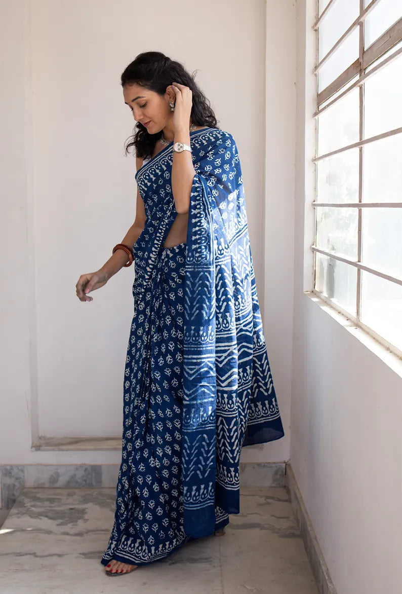 Indigo Florals - Dabu Hand Block Print Mulmul Cotton Bagru Saree