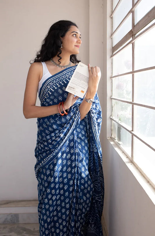 Indigo Florals - Dabu Hand Block Print Mulmul Cotton Bagru Saree