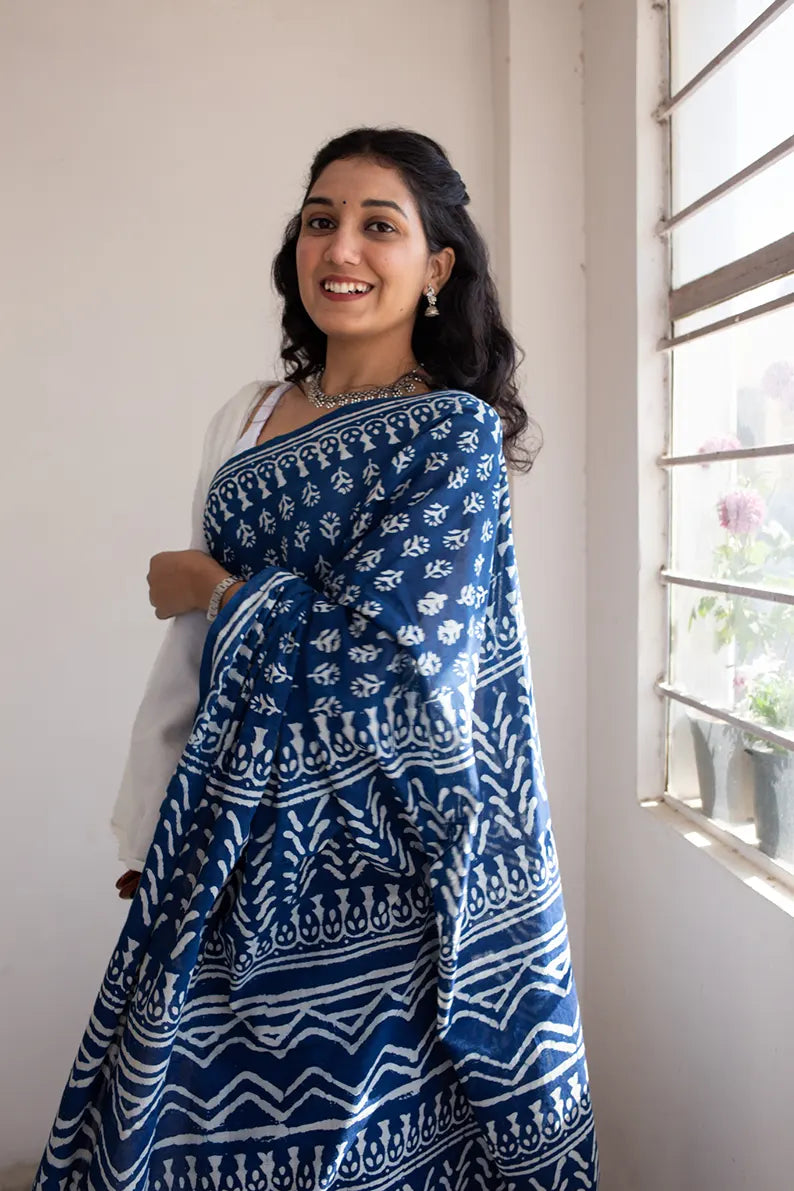 Indigo Florals - Dabu Hand Block Print Mulmul Cotton Bagru Saree