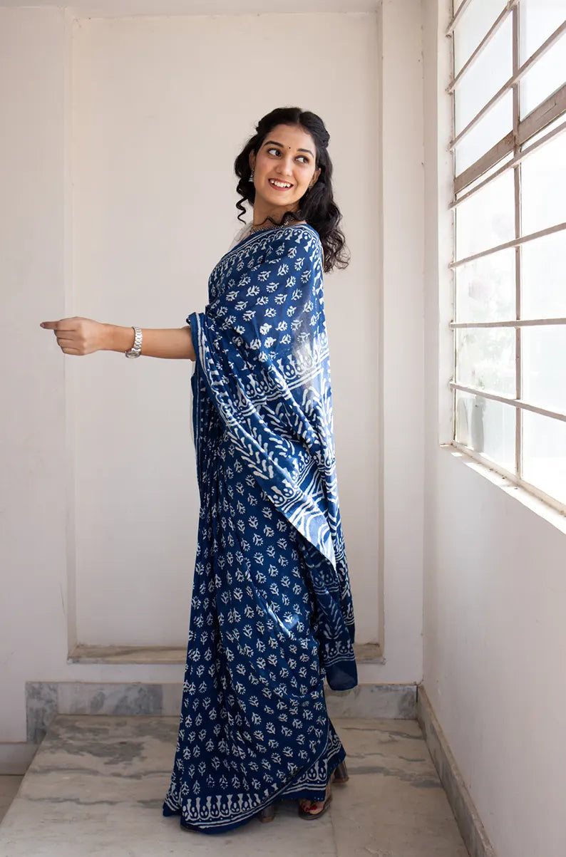 Indigo Florals - Dabu Hand Block Print Mulmul Cotton Bagru Saree