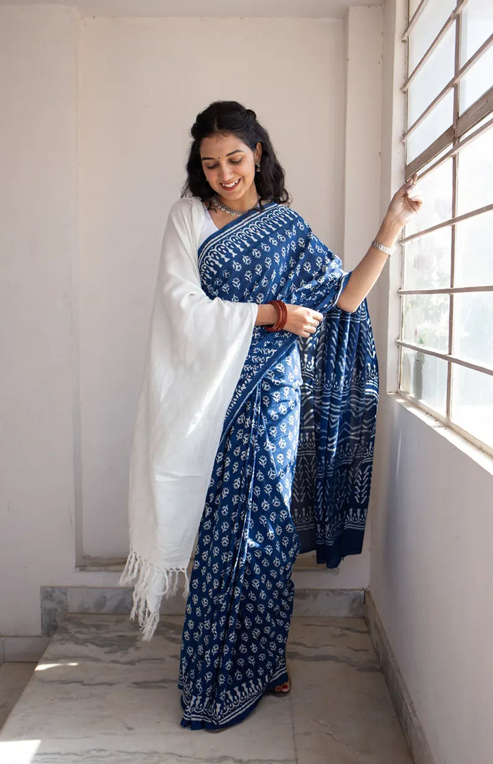 Indigo Florals - Dabu Hand Block Print Mulmul Cotton Bagru Saree