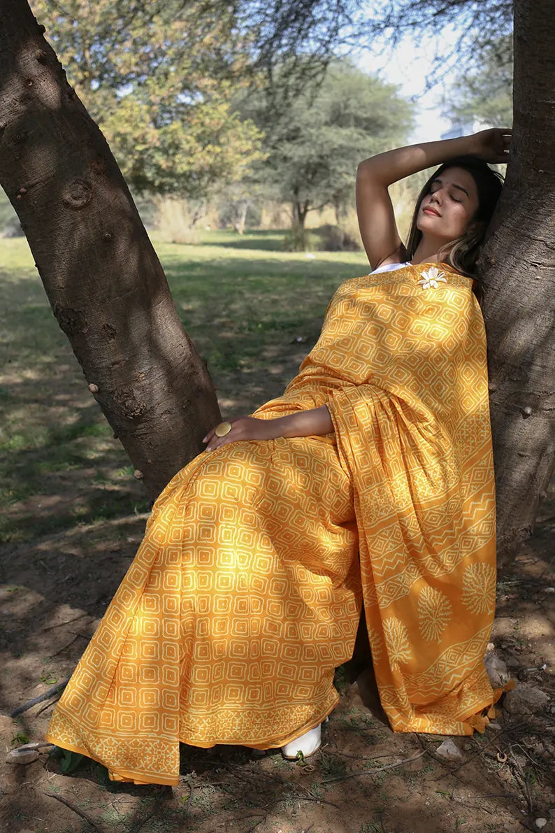 Yellow Glow - Hand Block Print Mulmul Cotton Bagru Saree