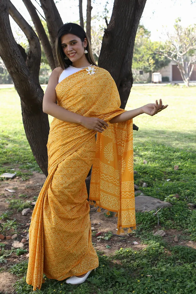 Yellow Glow - Hand Block Print Mulmul Cotton Bagru Saree