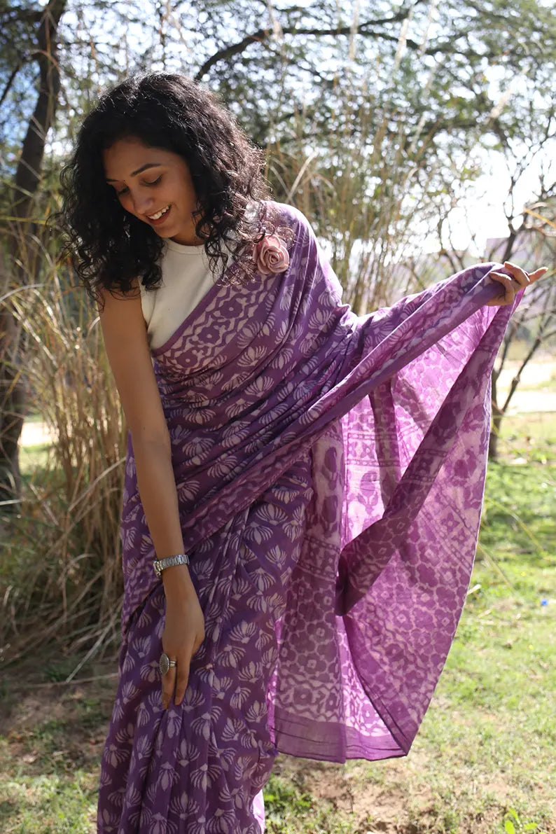 Wild Violet - Dabu Hand Block Print Mulmul Cotton Bagru Saree