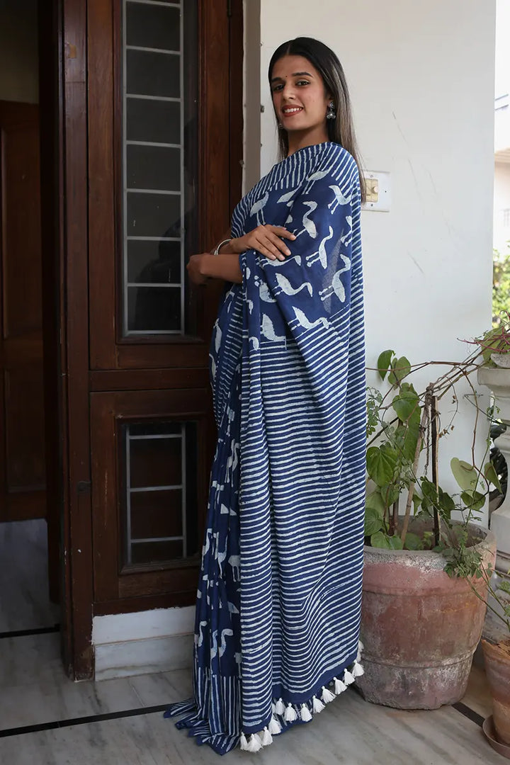 Indigo Flamingoes - Dabu Hand Block Print Mulmul Cotton Bagru Saree