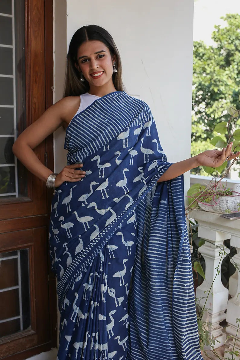 Indigo Flamingoes - Dabu Hand Block Print Mulmul Cotton Bagru Saree